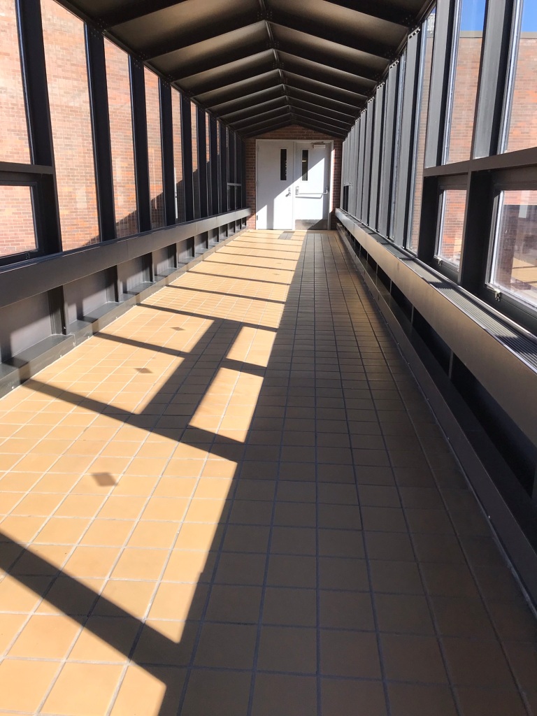 Interior of “The Bridge” skywalk at Milwaukee School of Engineering on a sunny day